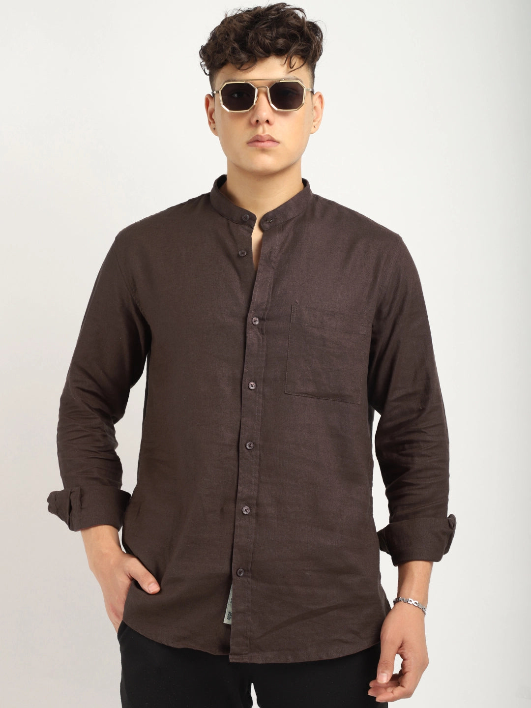 Fabric linen Blend Brown Full Sleeve Shirt