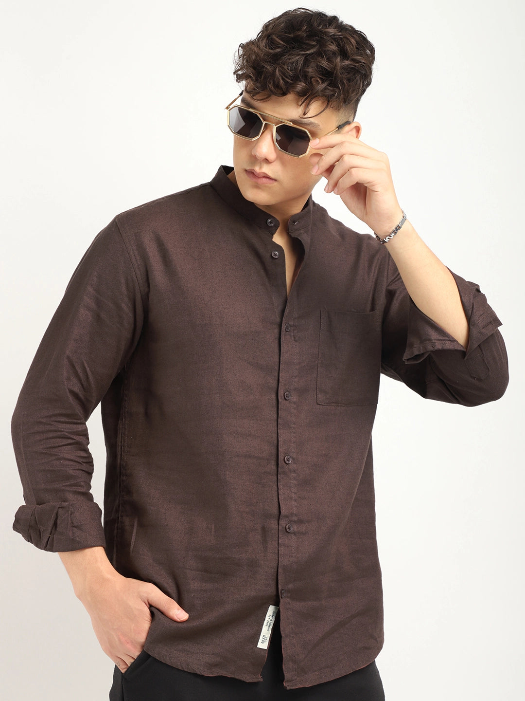 Fabric linen Blend Brown Full Sleeve Shirt