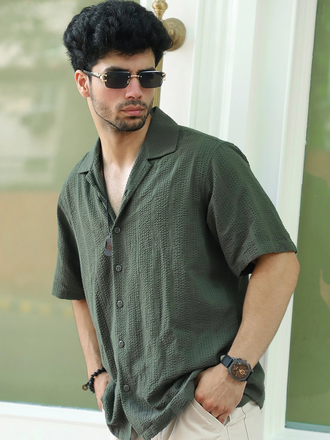 Solven Textured Olive Green Half Sleeve Shirt