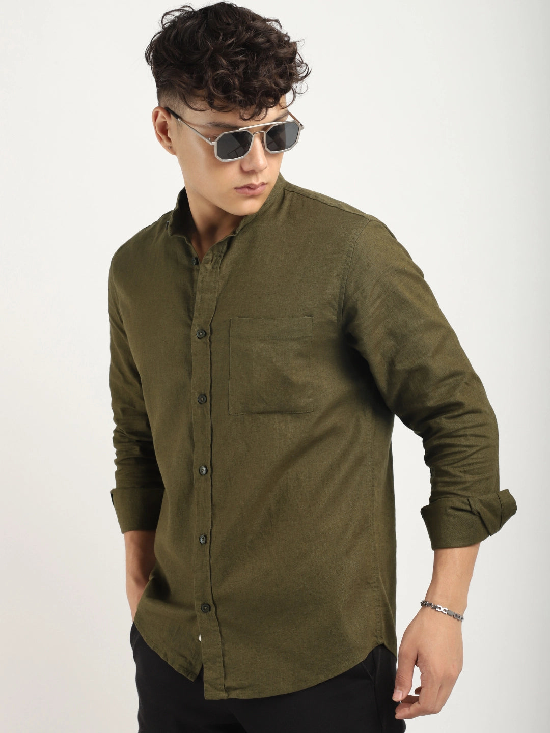 Fabric linen Blend Olive Full Sleeve Shirt