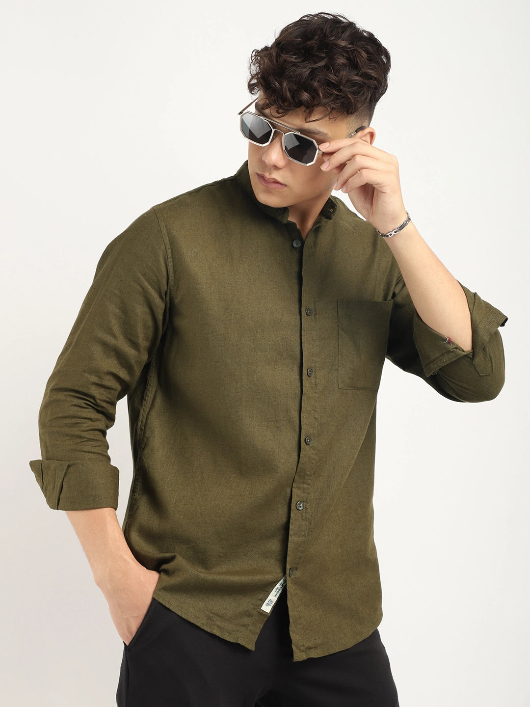 Fabric linen Blend Olive Full Sleeve Shirt