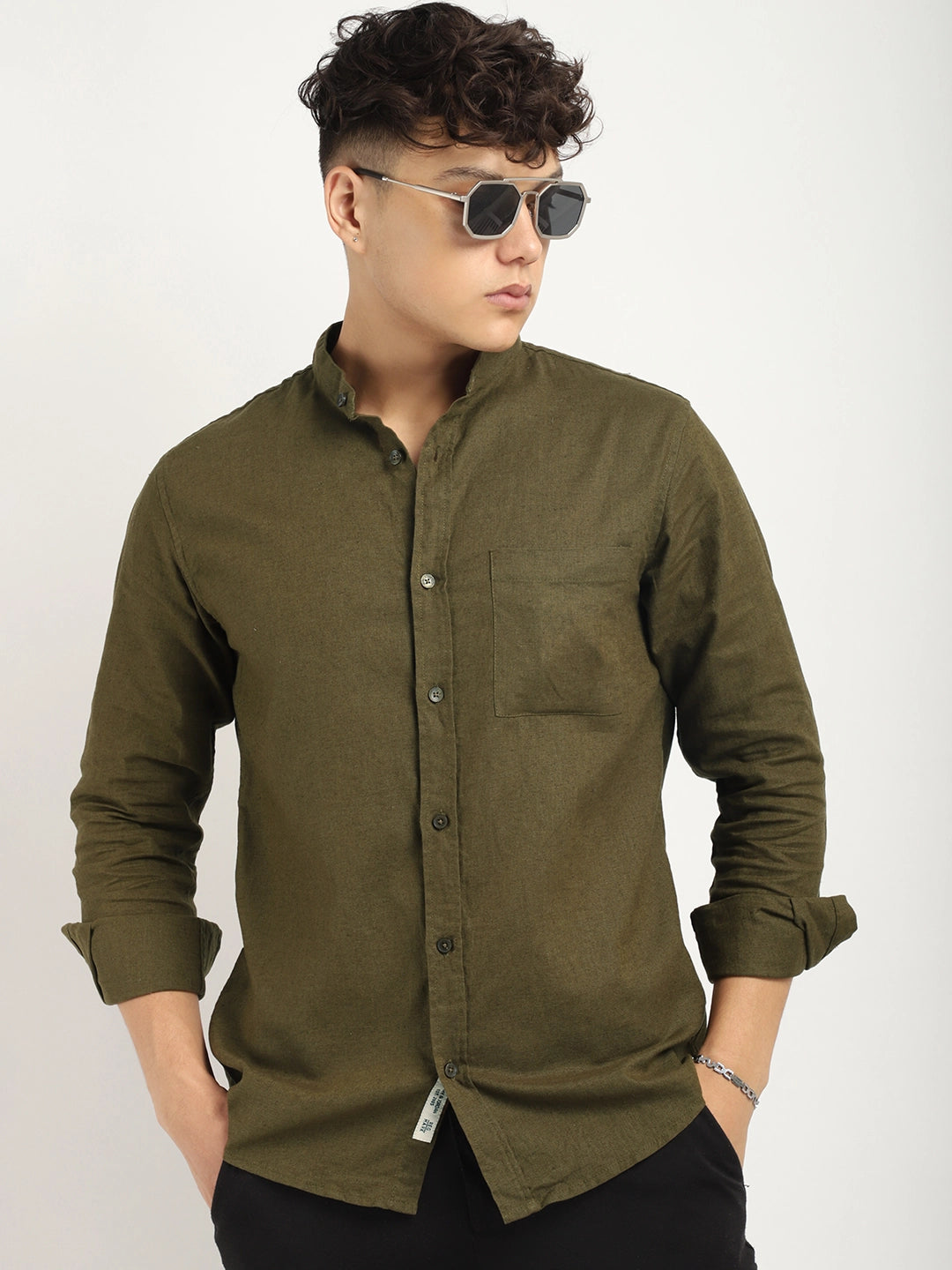 Fabric linen Blend Olive Full Sleeve Shirt