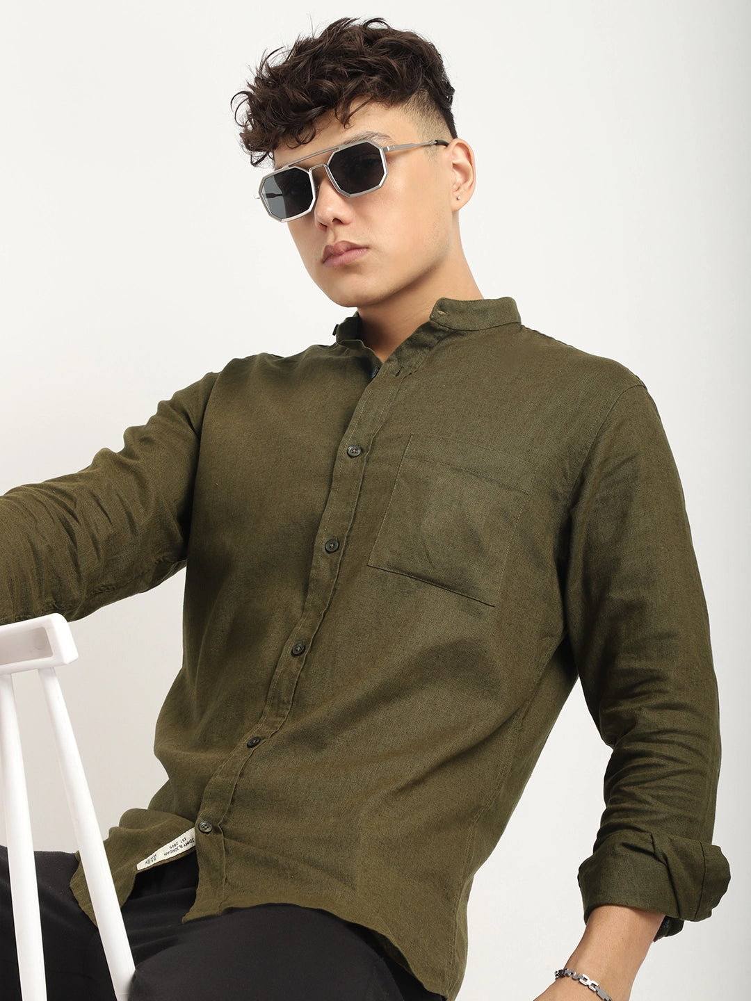 Fabric linen Blend Olive Full Sleeve Shirt