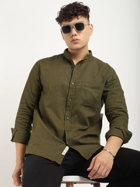 Fabric linen Blend Olive Full Sleeve Shirt