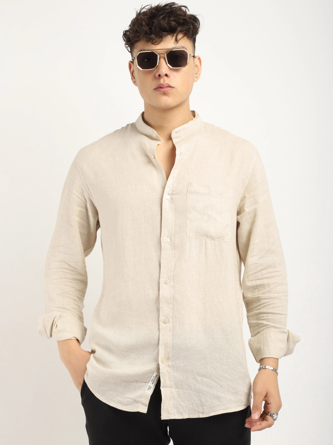 Fabric linen Blend Beige Full Sleeve Shirt