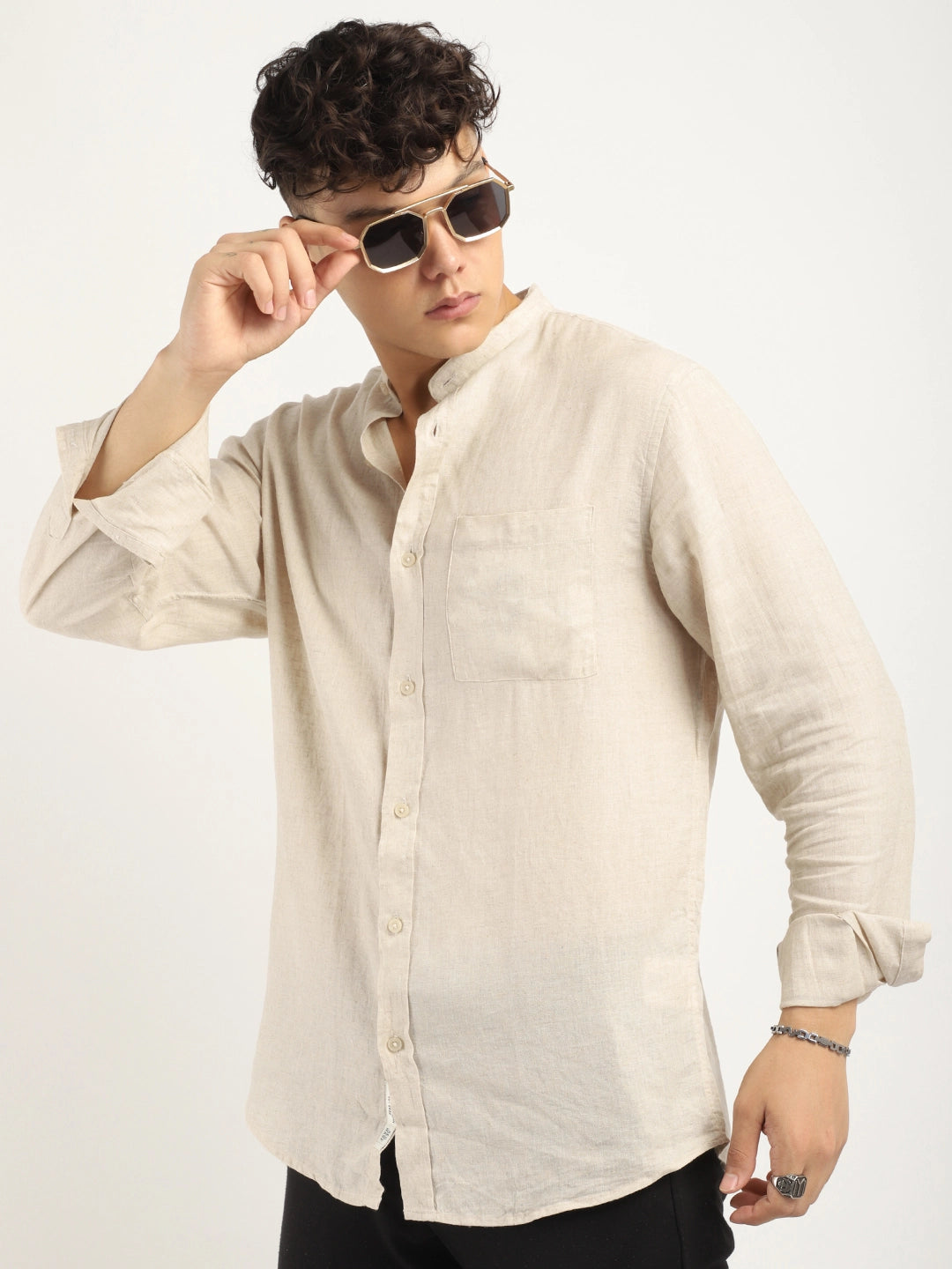 Fabric linen Blend Beige Full Sleeve Shirt