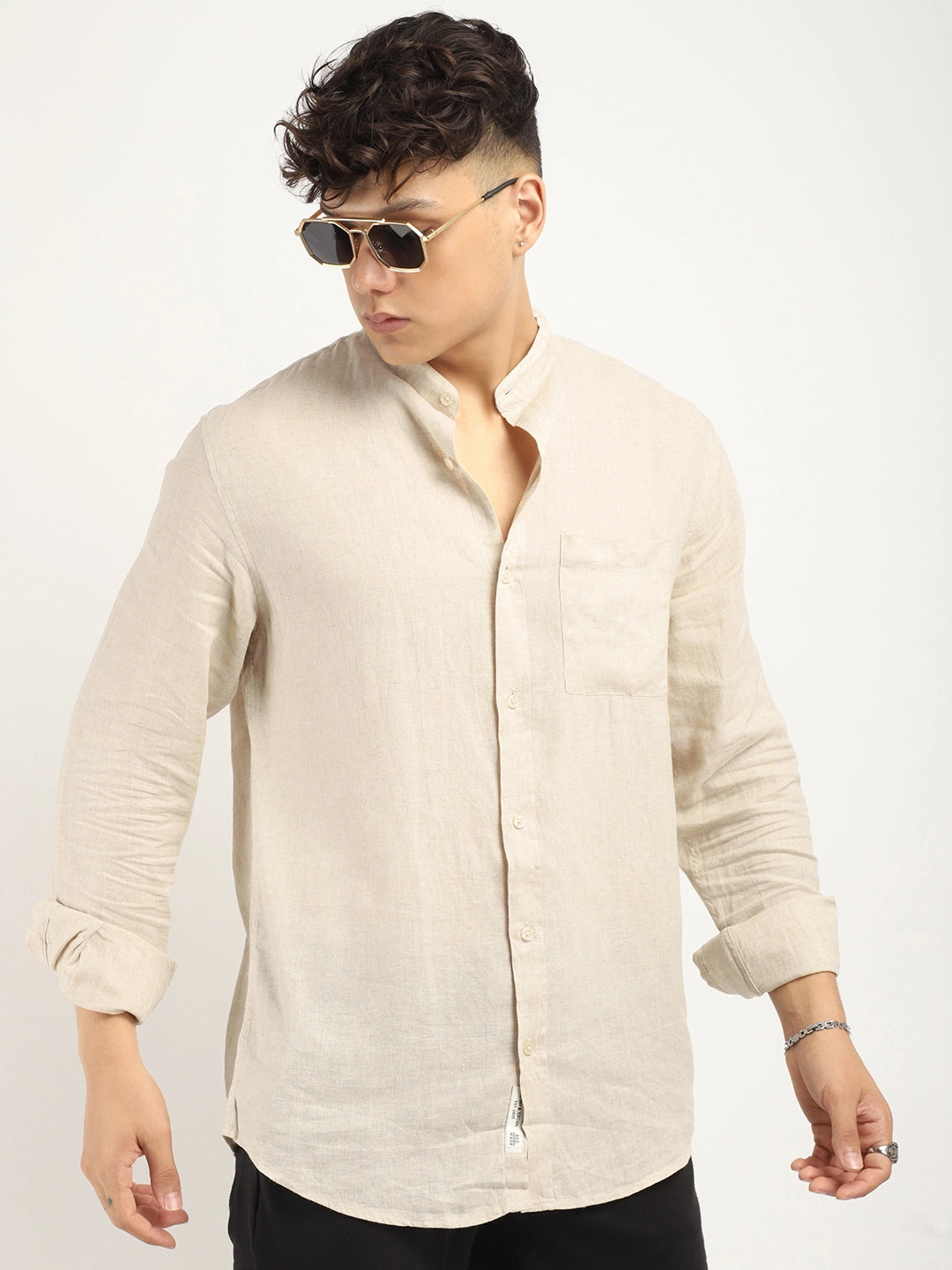 Fabric linen Blend Beige Full Sleeve Shirt