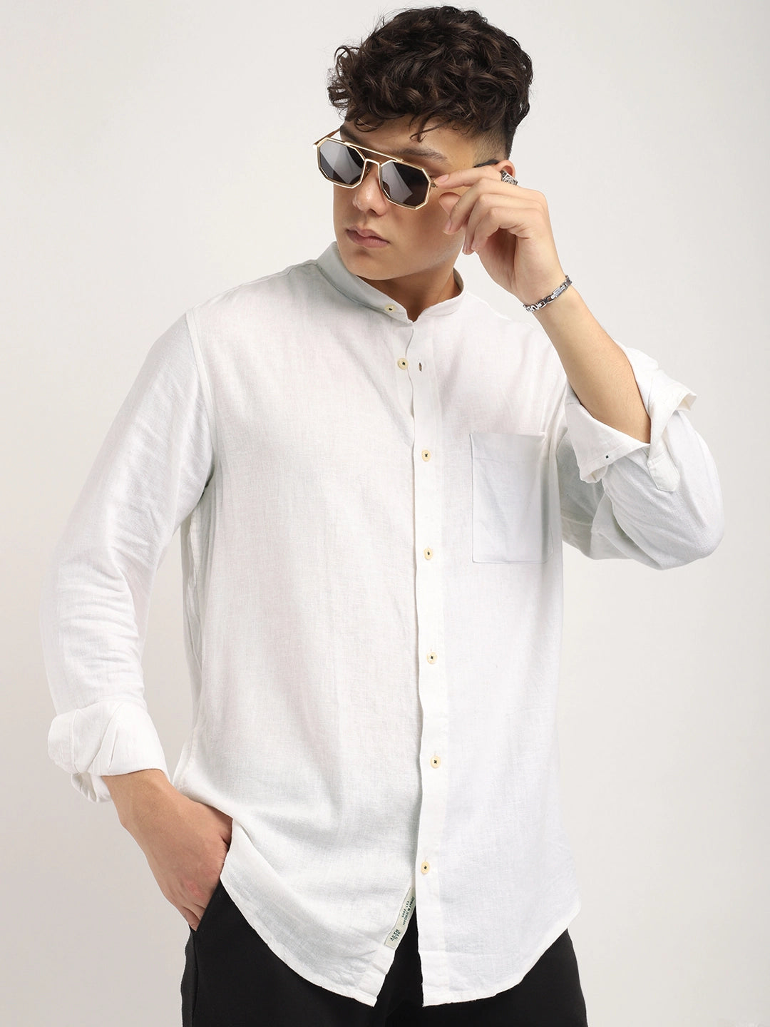 Fabric linen Blend White Full Sleeve Shirt