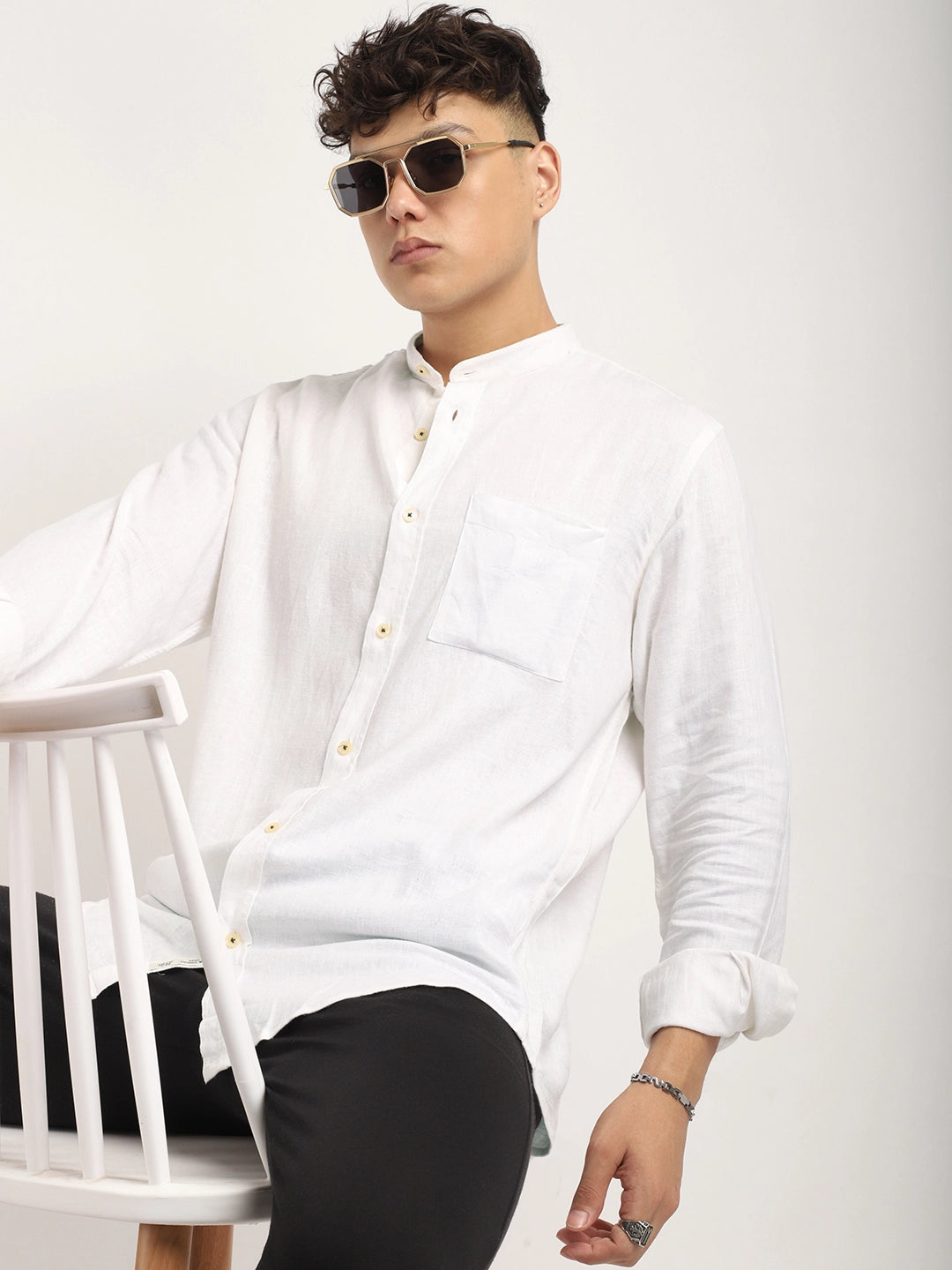 Fabric linen Blend White Full Sleeve Shirt