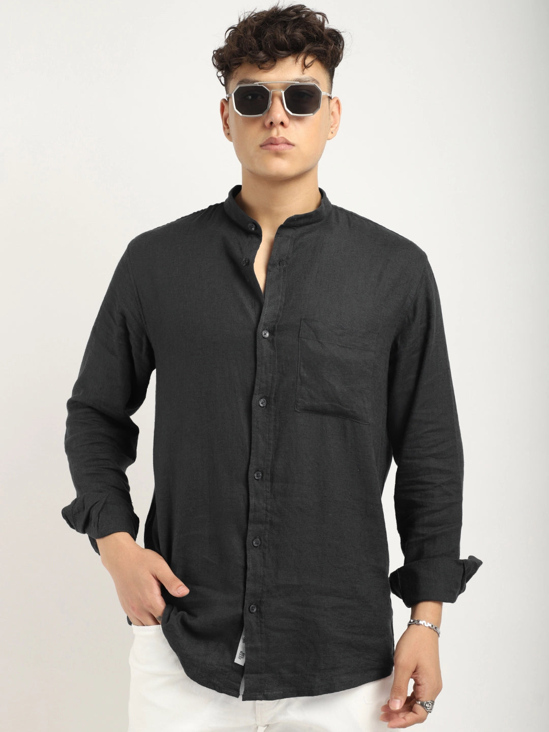 Fabric linen Blend Black Full Sleeve Shirt