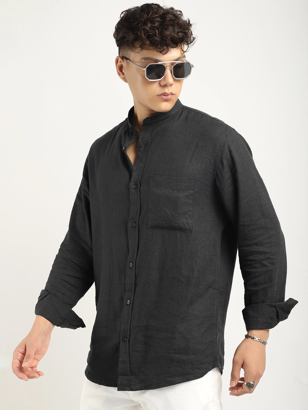 Fabric linen Blend Black Full Sleeve Shirt