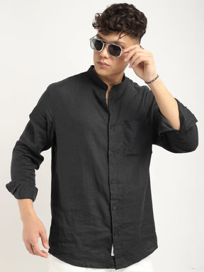 Fabric linen Blend Black Full Sleeve Shirt