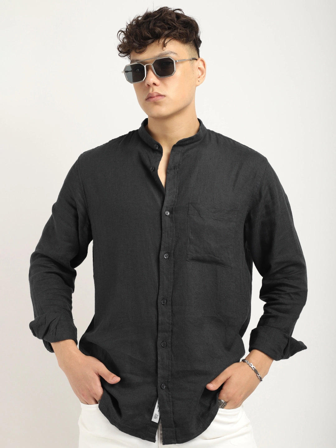 Fabric linen Blend Black Full Sleeve Shirt