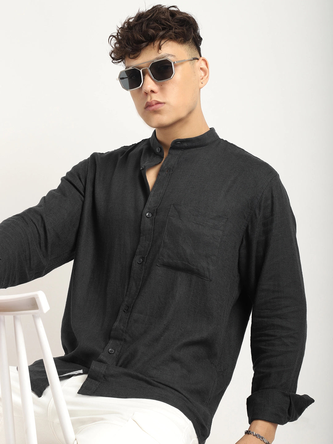 Fabric linen Blend Black Full Sleeve Shirt