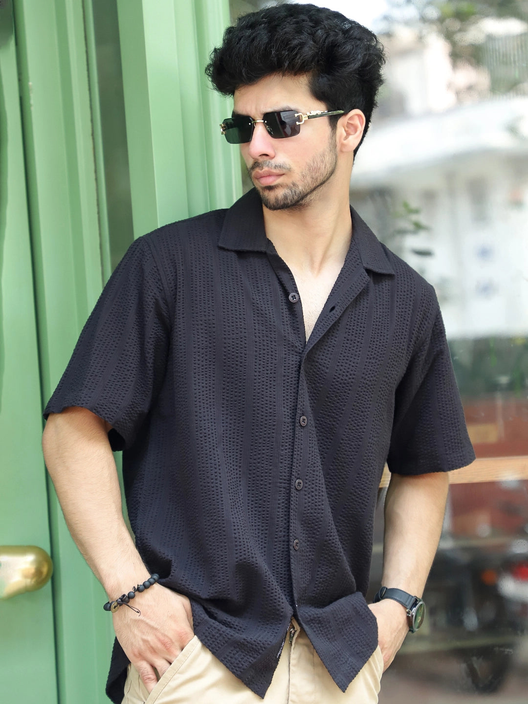 Solven Textured Black Half Sleeve Shirt