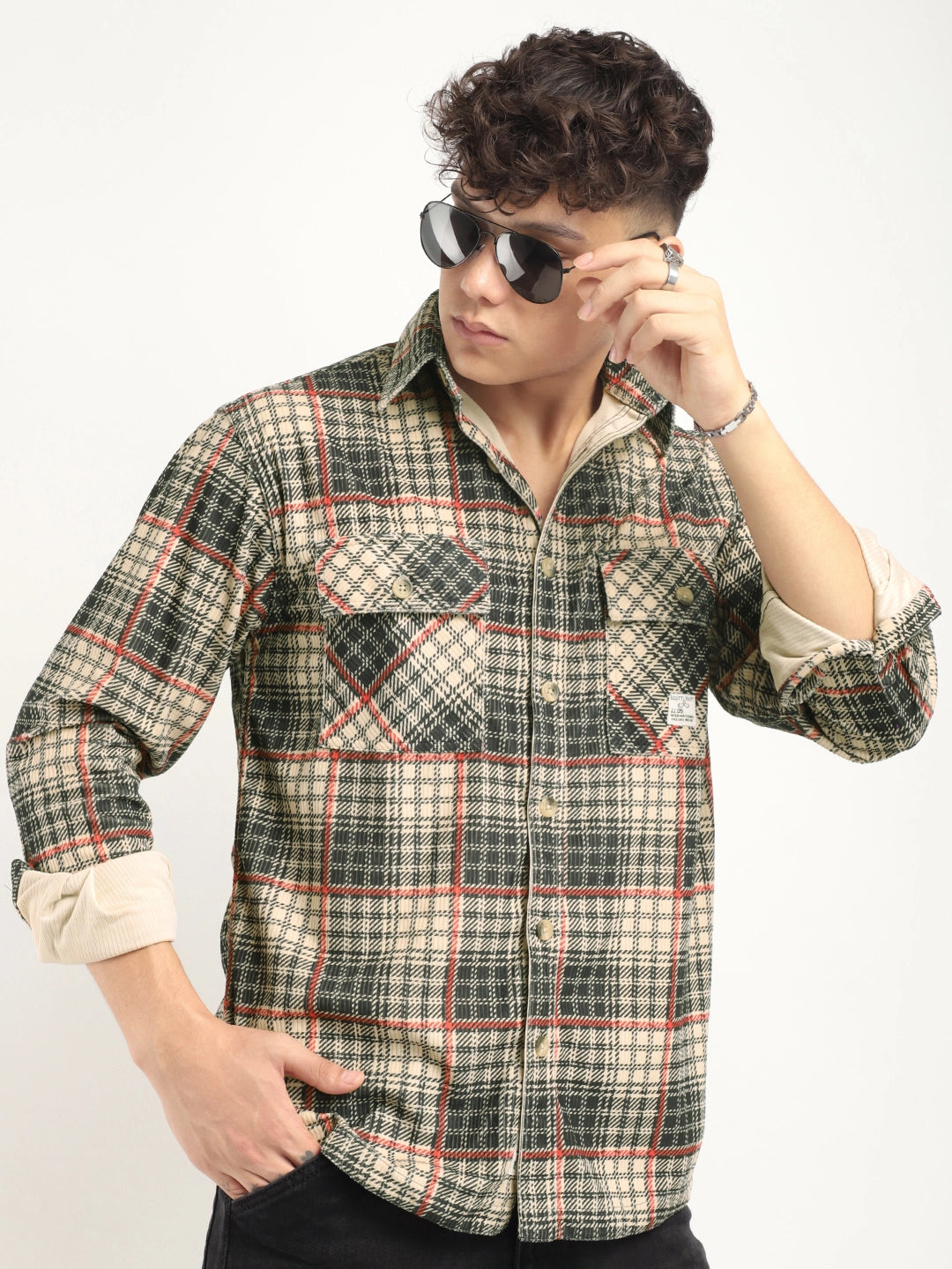 Fabric Corduroy Beige Checkerd Full Sleeve Shirt