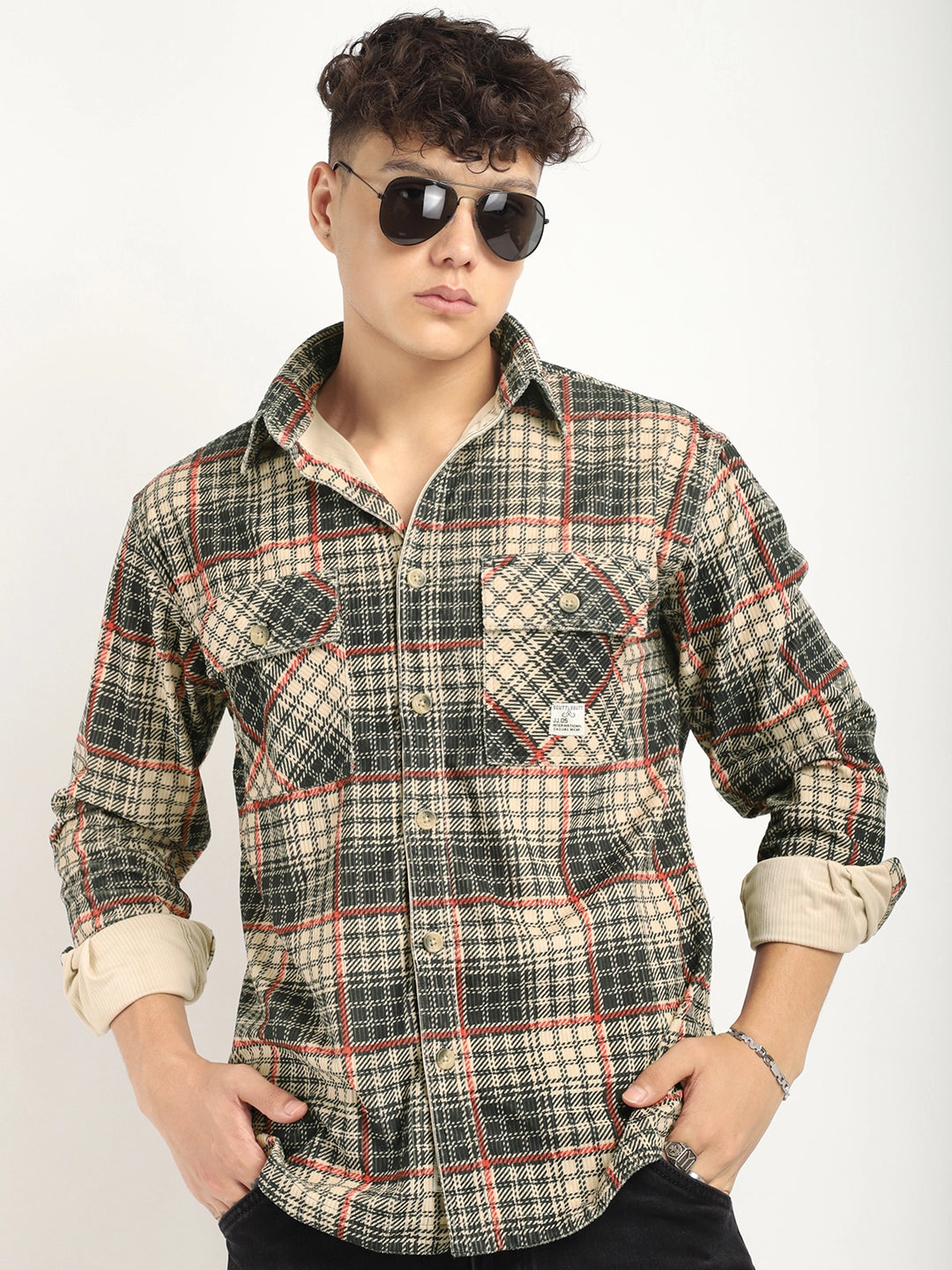 Fabric Corduroy Beige Checkerd Full Sleeve Shirt