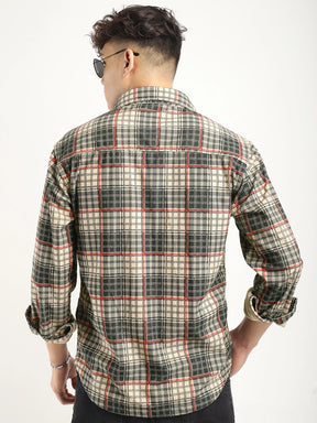 Fabric Corduroy Beige Checkerd Full Sleeve Shirt