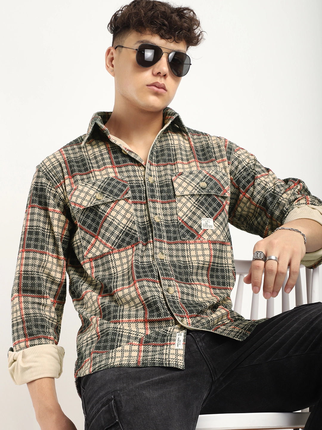 Fabric Corduroy Beige Checkerd Full Sleeve Shirt