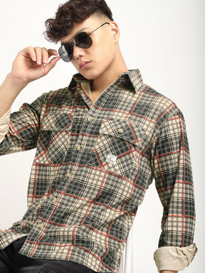 Fabric Corduroy Beige Checkerd Full Sleeve Shirt