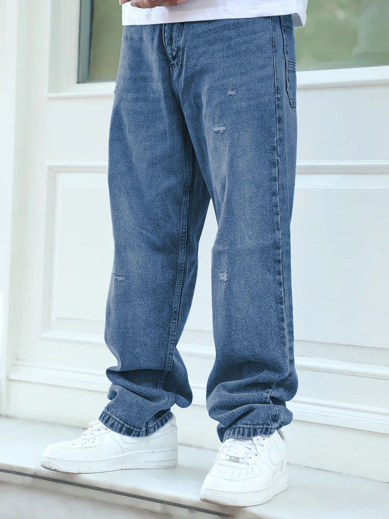 Raw Edge Denim Blue Baggy Fit Jeans