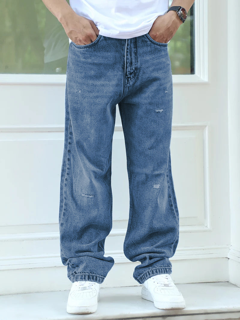 Raw Edge Denim Blue Baggy Fit Jeans
