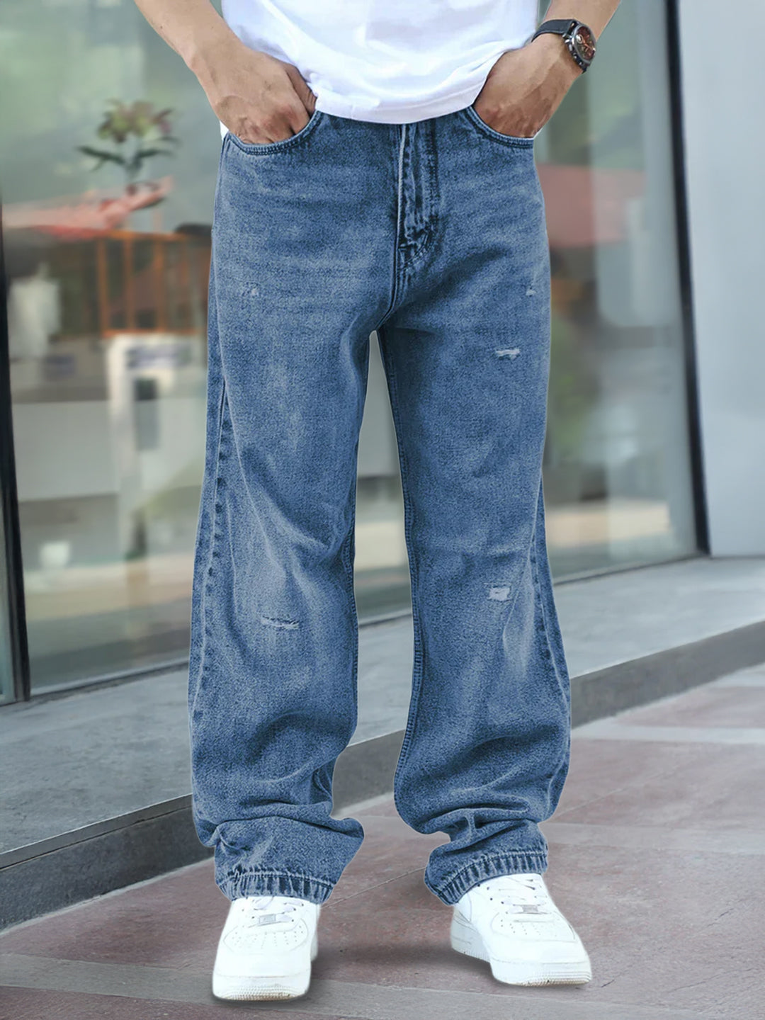Raw Edge Denim Blue Baggy Fit Jeans