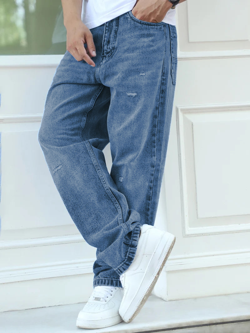 Raw Edge Denim Blue Baggy Fit Jeans