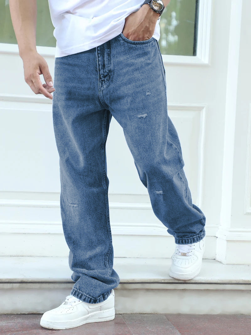 Raw Edge Denim Blue Baggy Fit Jeans
