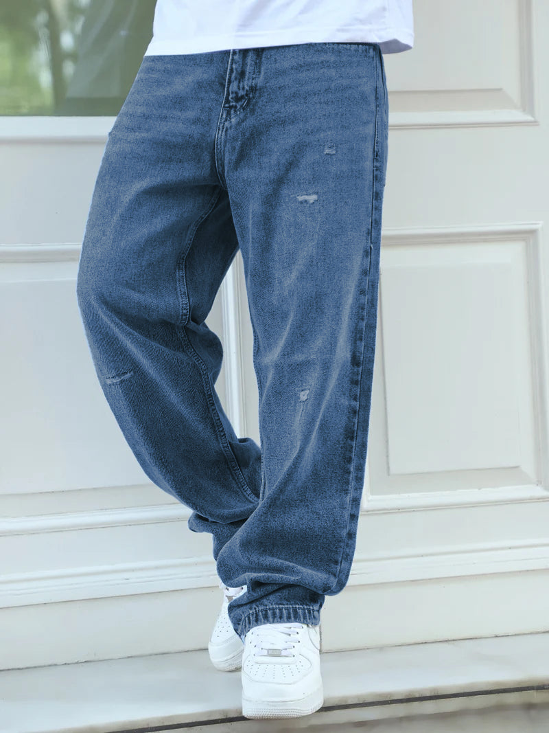 Raw Edge Denim Blue Baggy Fit Jeans