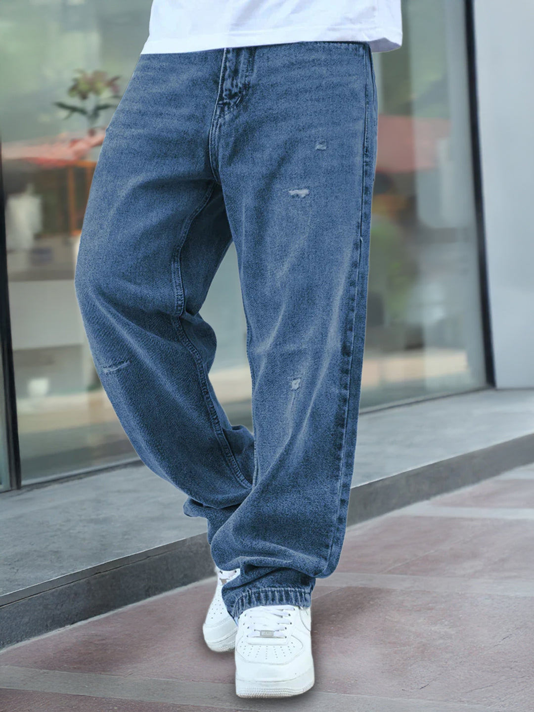 Raw Edge Denim Blue Baggy Fit Jeans