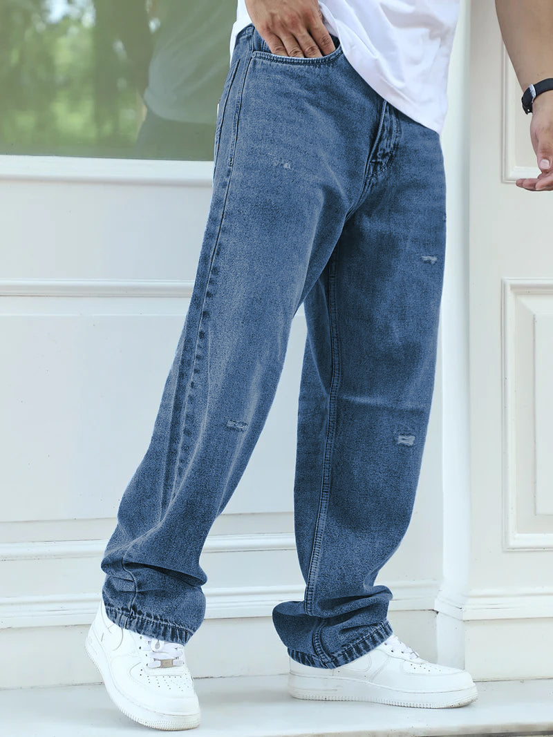 Raw Edge Denim Blue Baggy Fit Jeans