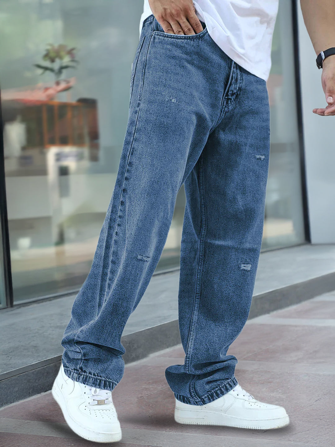 Raw Edge Denim Blue Baggy Fit Jeans