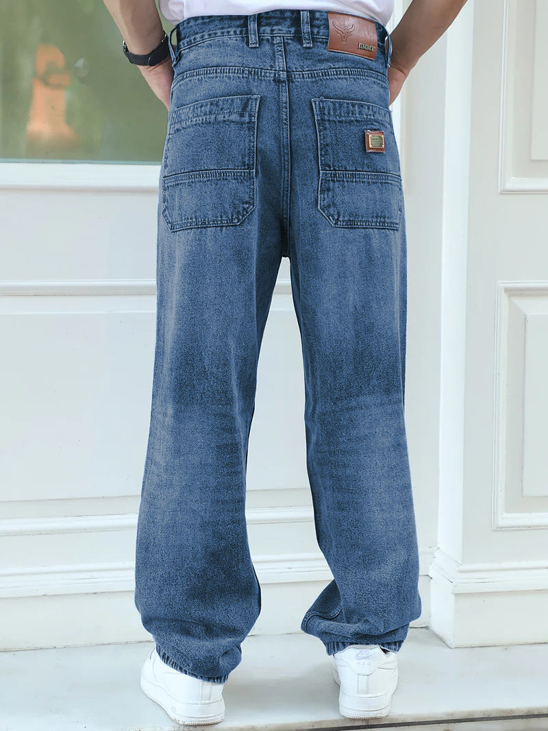 Raw Edge Denim Blue Baggy Fit Jeans