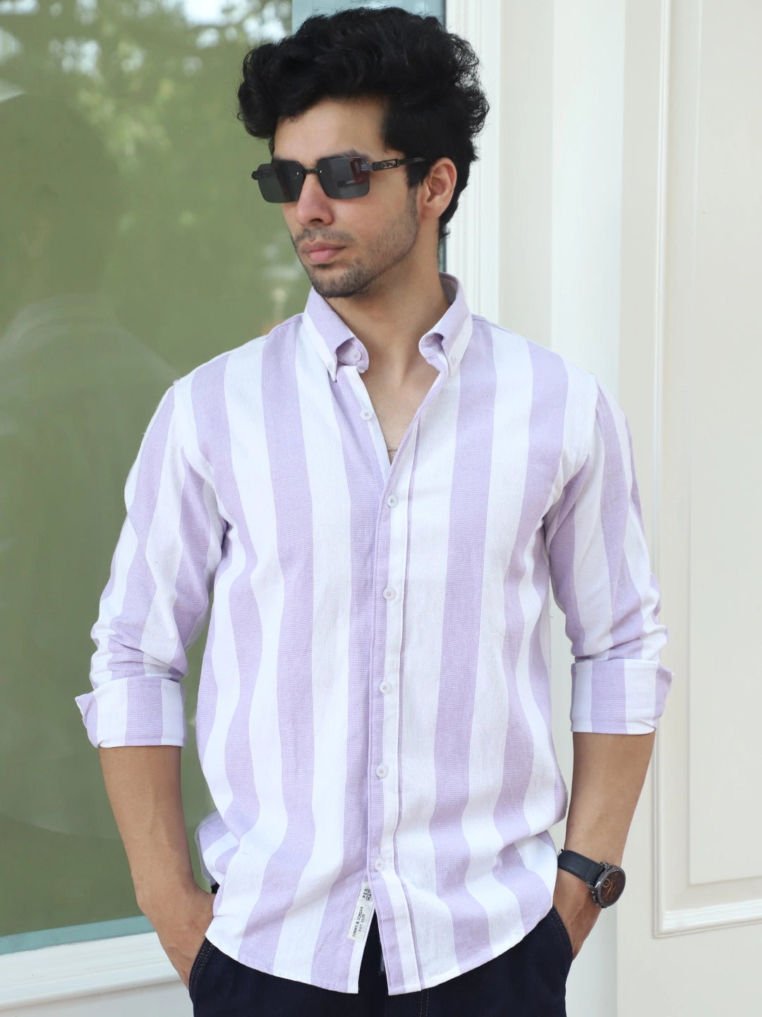 Oaken Espresso Lavender Stripe Linen Shirt