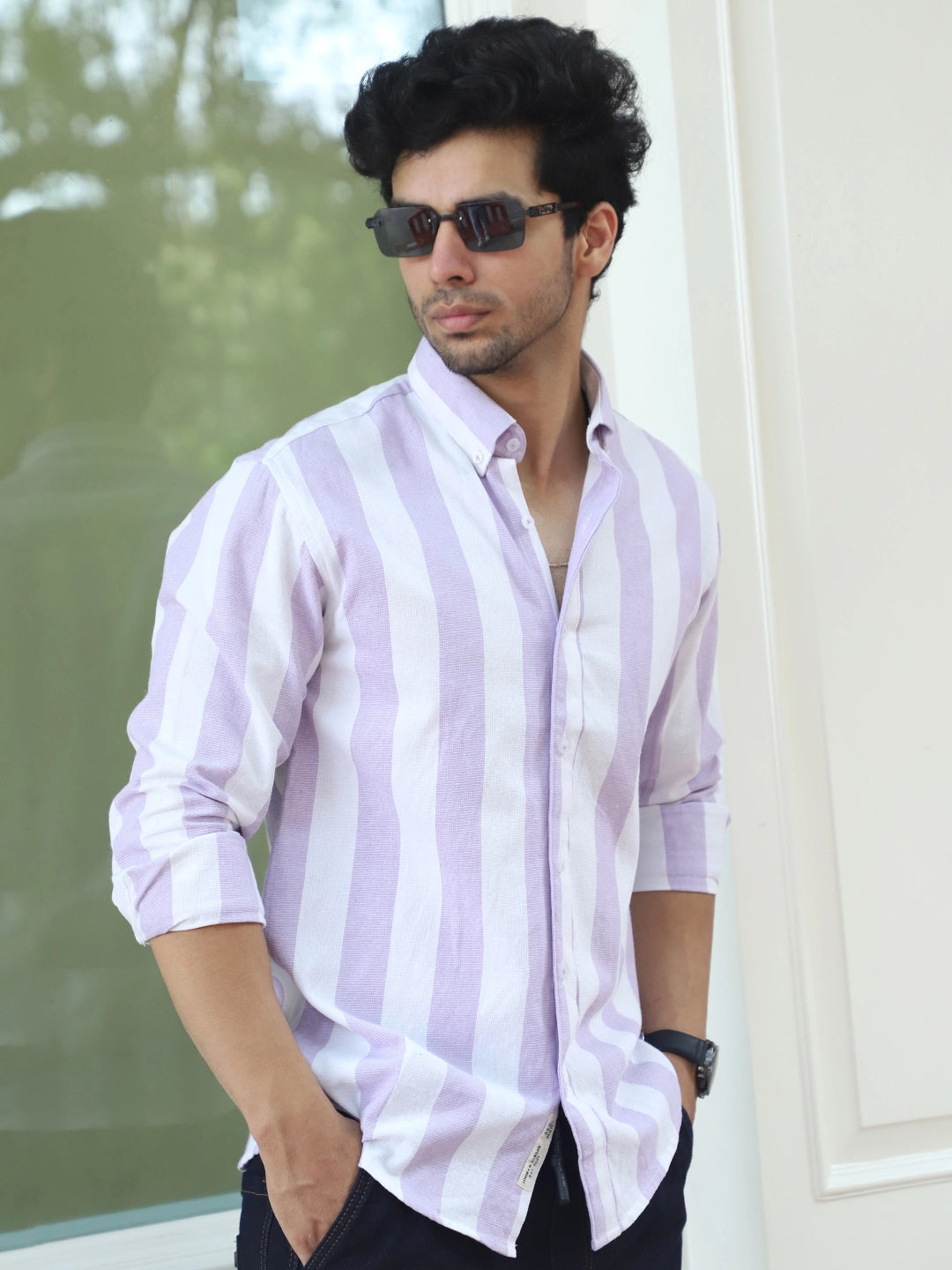 Oaken Espresso Lavender Stripe Linen Shirt