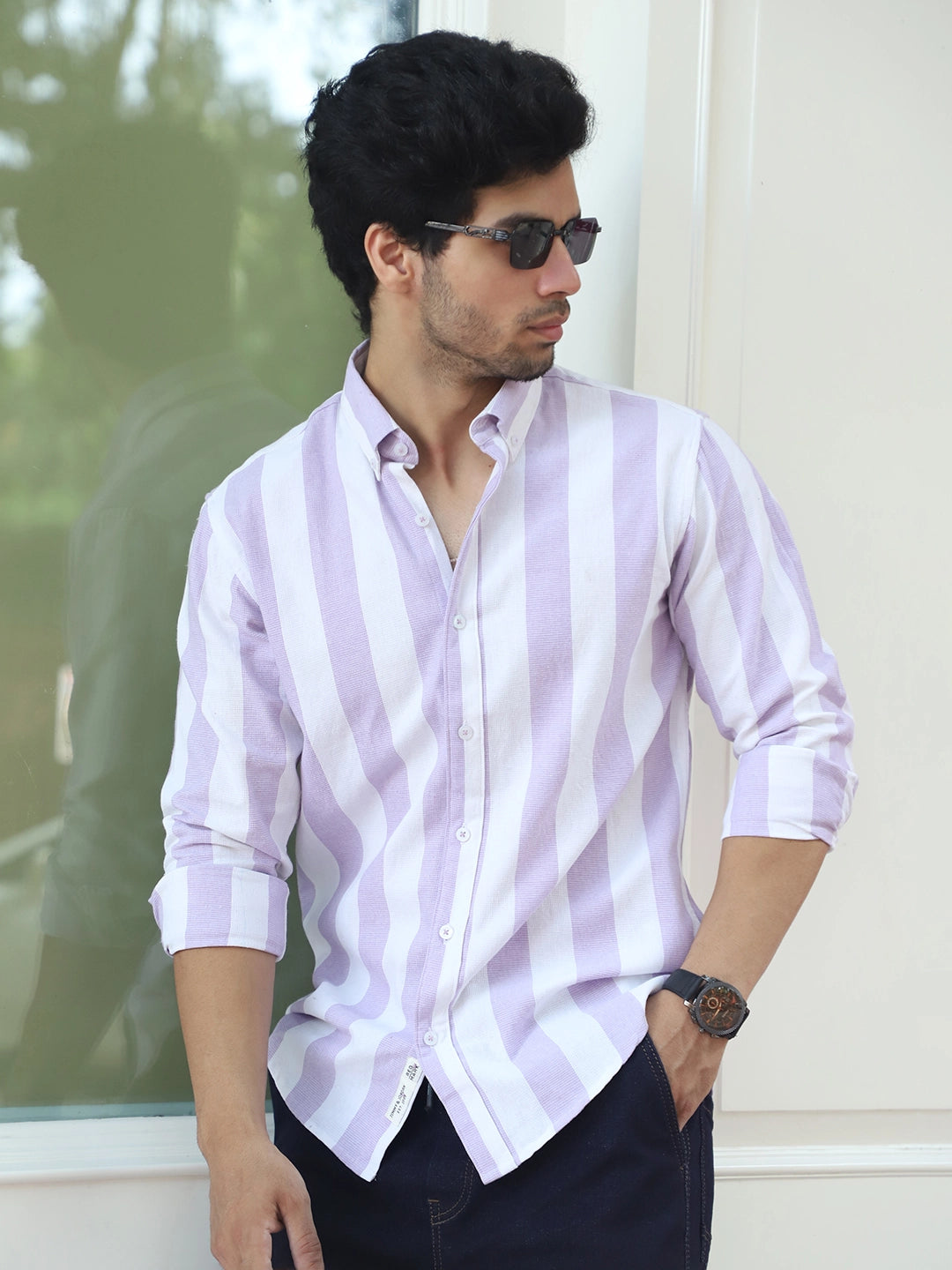 Oaken Espresso Lavender Stripe Linen Shirt