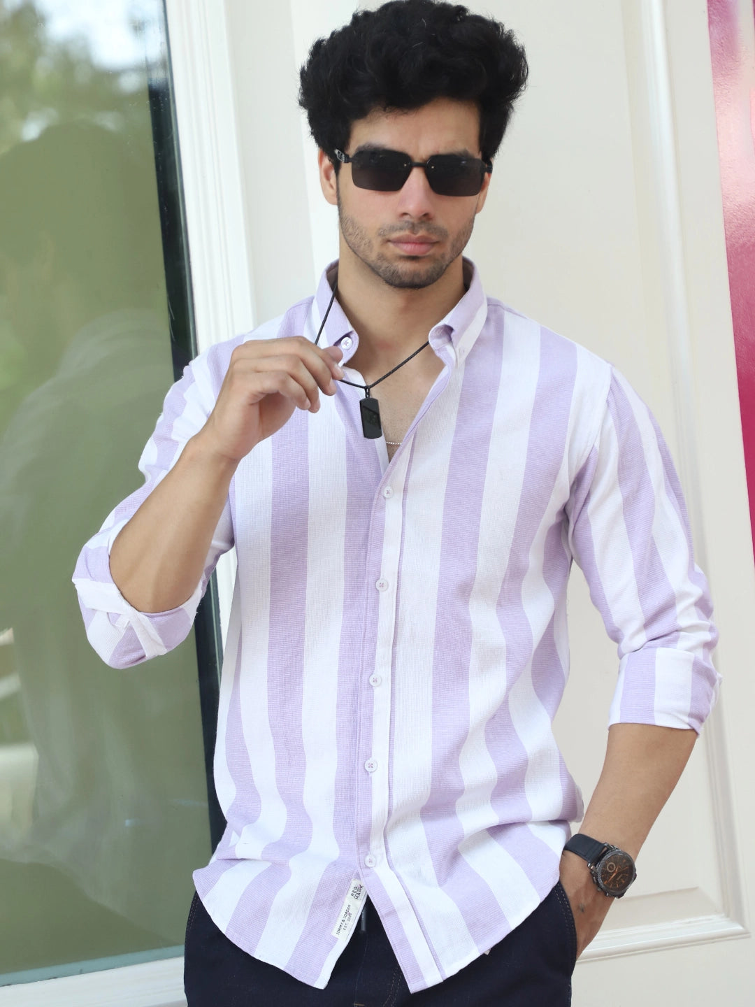 Oaken Espresso Lavender Stripe Linen Shirt
