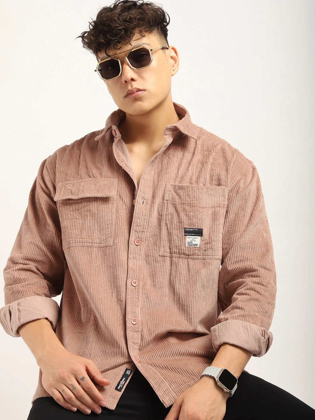 Fabric Corduroy Peach Full Sleeve Shirt