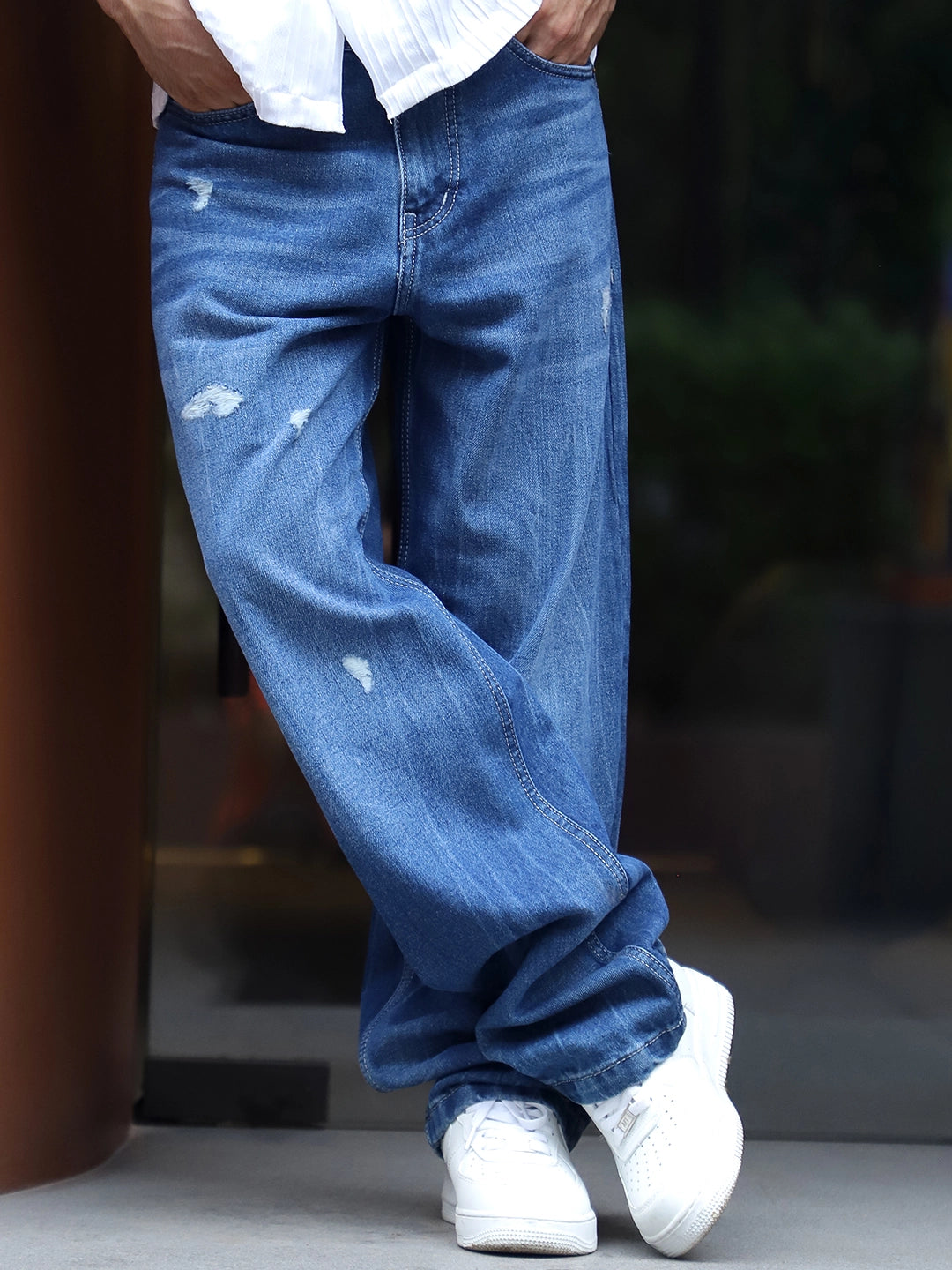 Raw Edge Denim Blue Baggy Fit Jeans