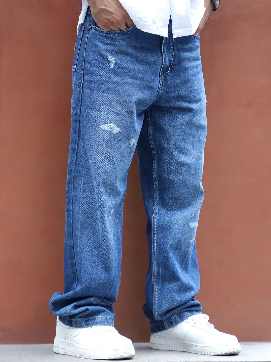 Raw Edge Denim Blue Baggy Fit Jeans