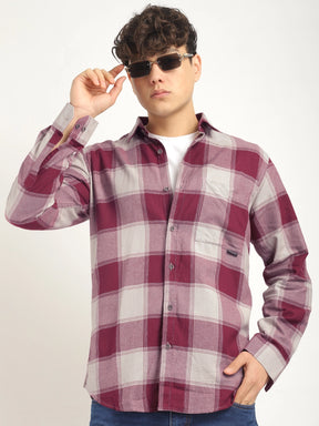 Oxford Fit Twill Checked Pink Full Sleeve Shirt