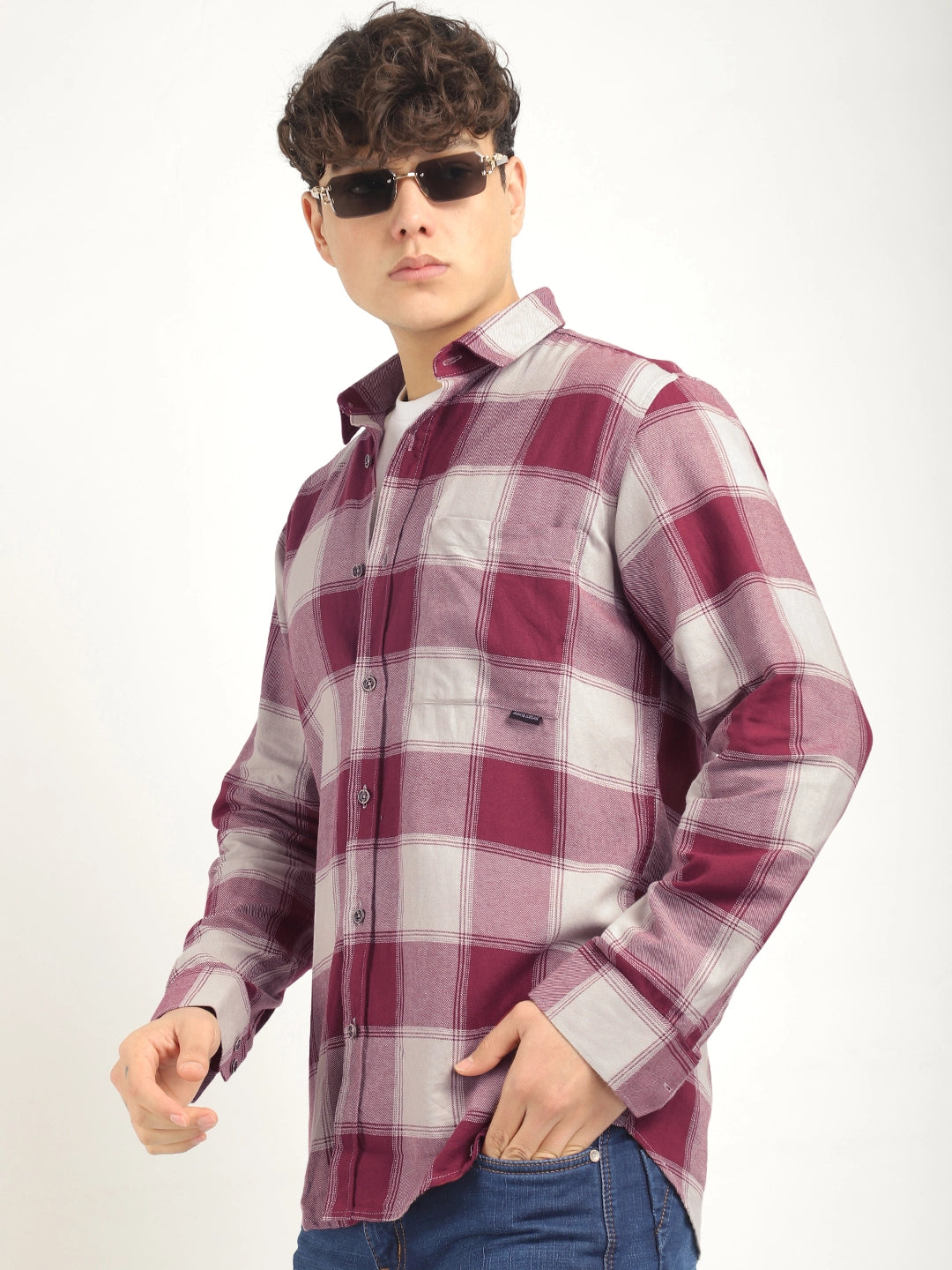 Oxford Fit Twill Checked Pink Full Sleeve Shirt