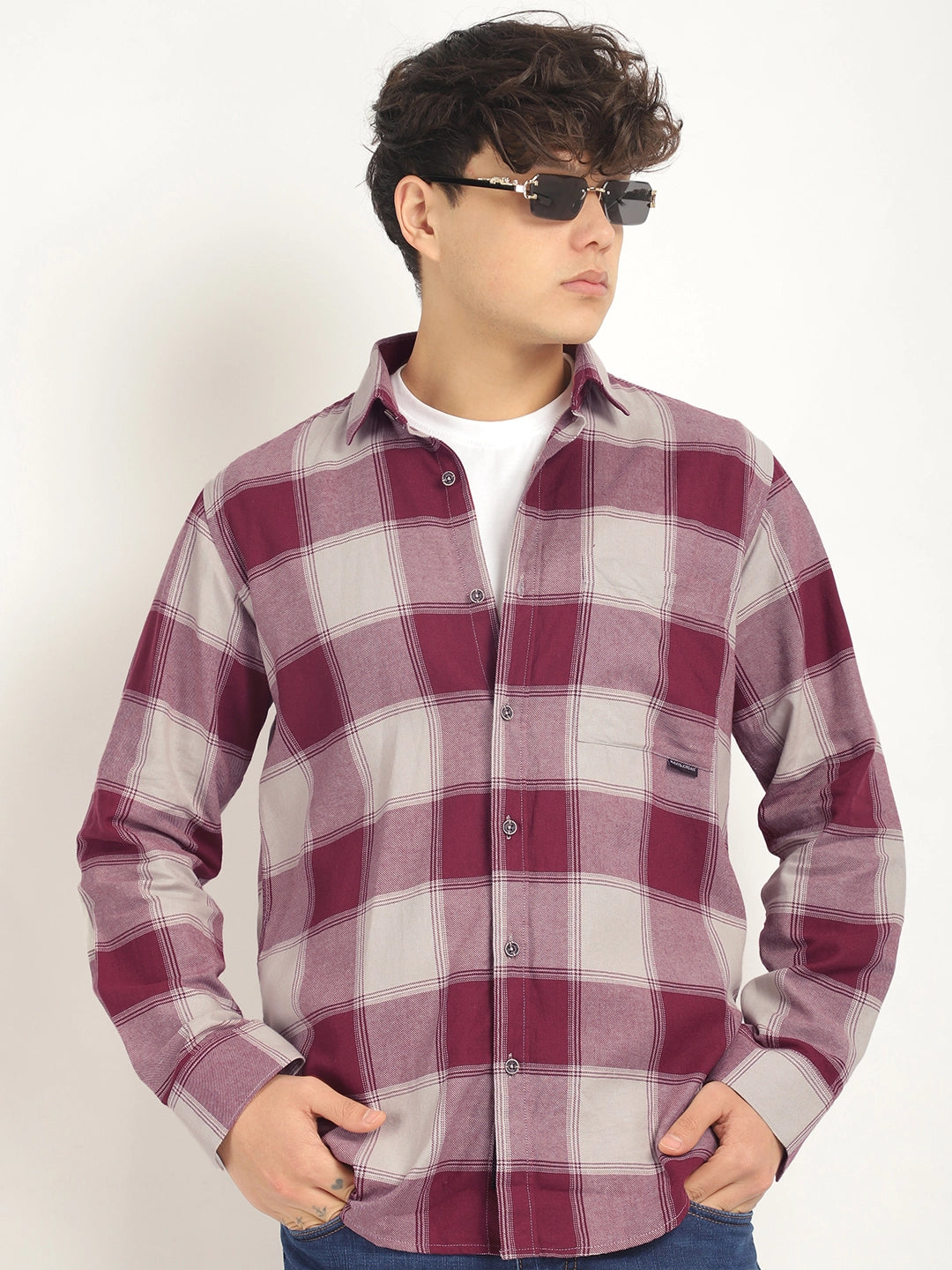 Oxford Fit Twill Checked Pink Full Sleeve Shirt