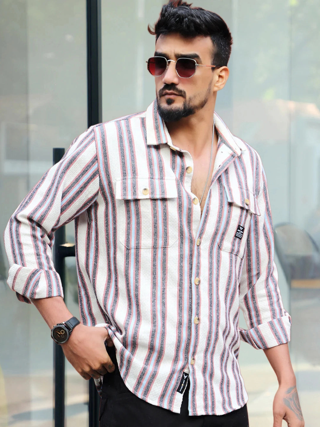 Santorini Beige Stripe Full Sleeve Shirt