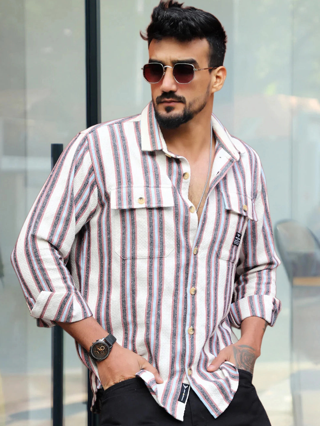 Santorini Beige Stripe Full Sleeve Shirt