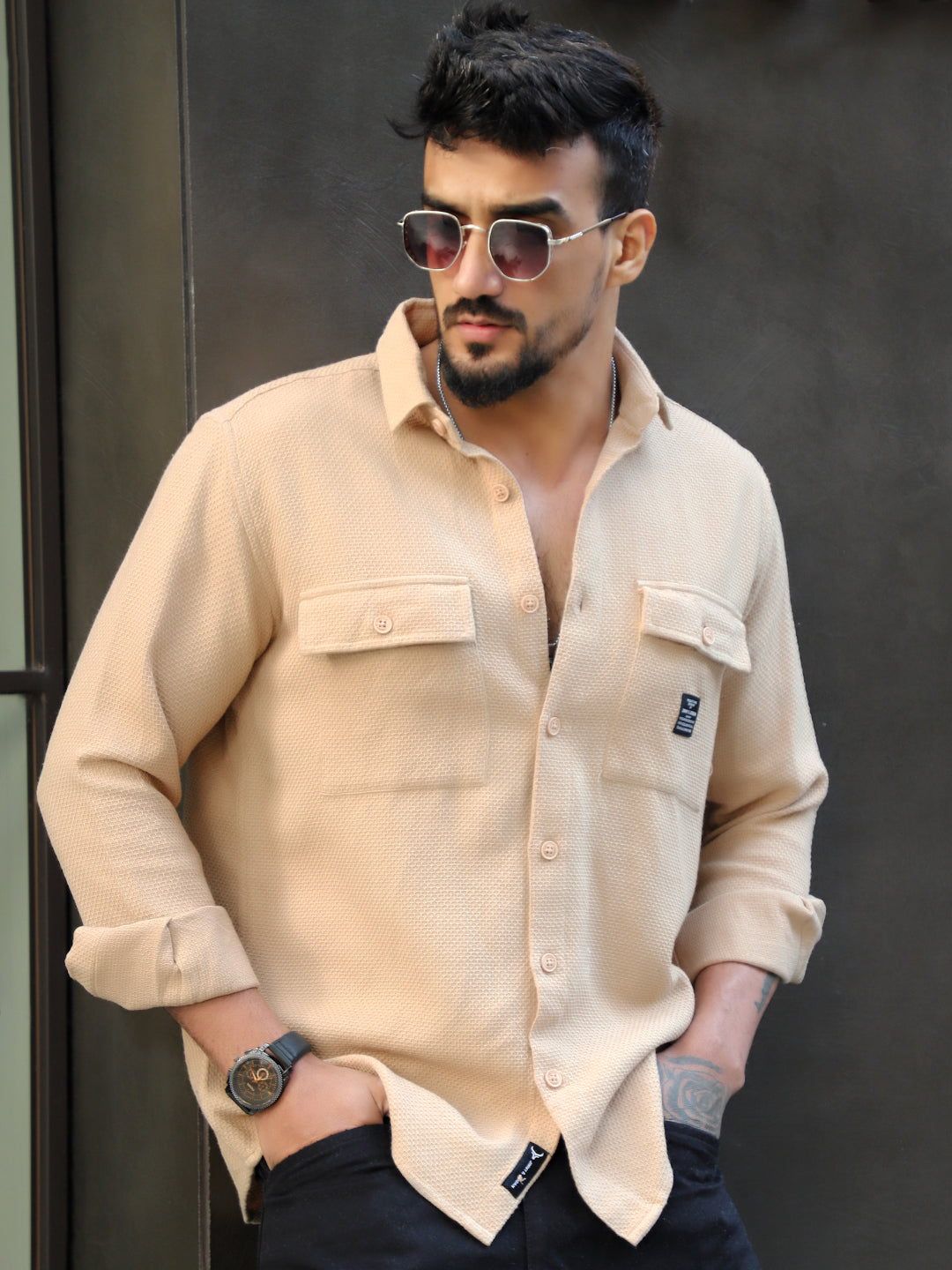 Tuscan Almond Brown Texture Full Sleeve Shirt