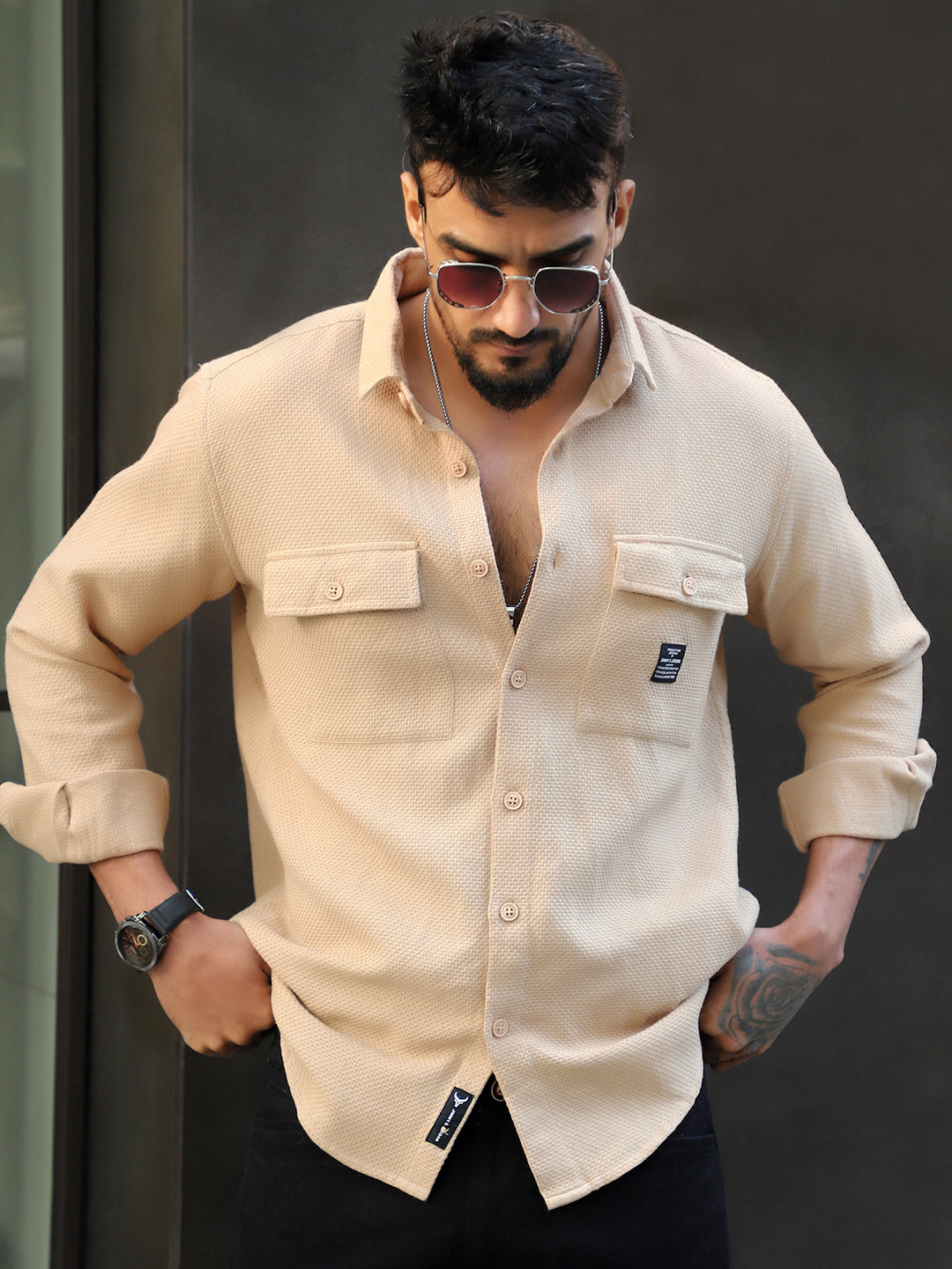 Tuscan Almond Brown Texture Full Sleeve Shirt