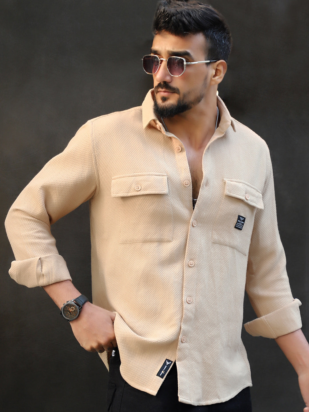 Tuscan Almond Brown Texture Full Sleeve Shirt