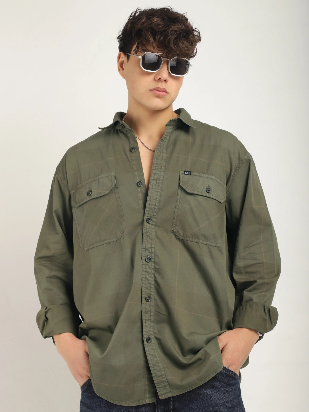 Frosted Craft Olive Green Washed Check Full Sleeve Shirt